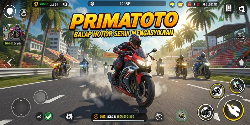 Screenshot permainan PRIMATOTO yang menampilkan aksi balap motor seru.