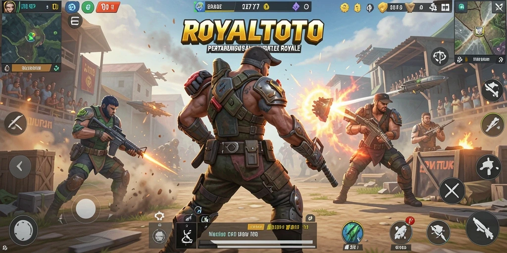 Tangkapan layar gameplay <strong>ROYALTOTO</strong> menunjukkan aksi mendebarkan di medan tempur Battle Royale.