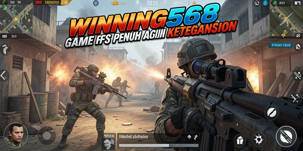 Screenshot utama WINNING568 menampilkan aksi tembak-menembak yang intens dan strategis.